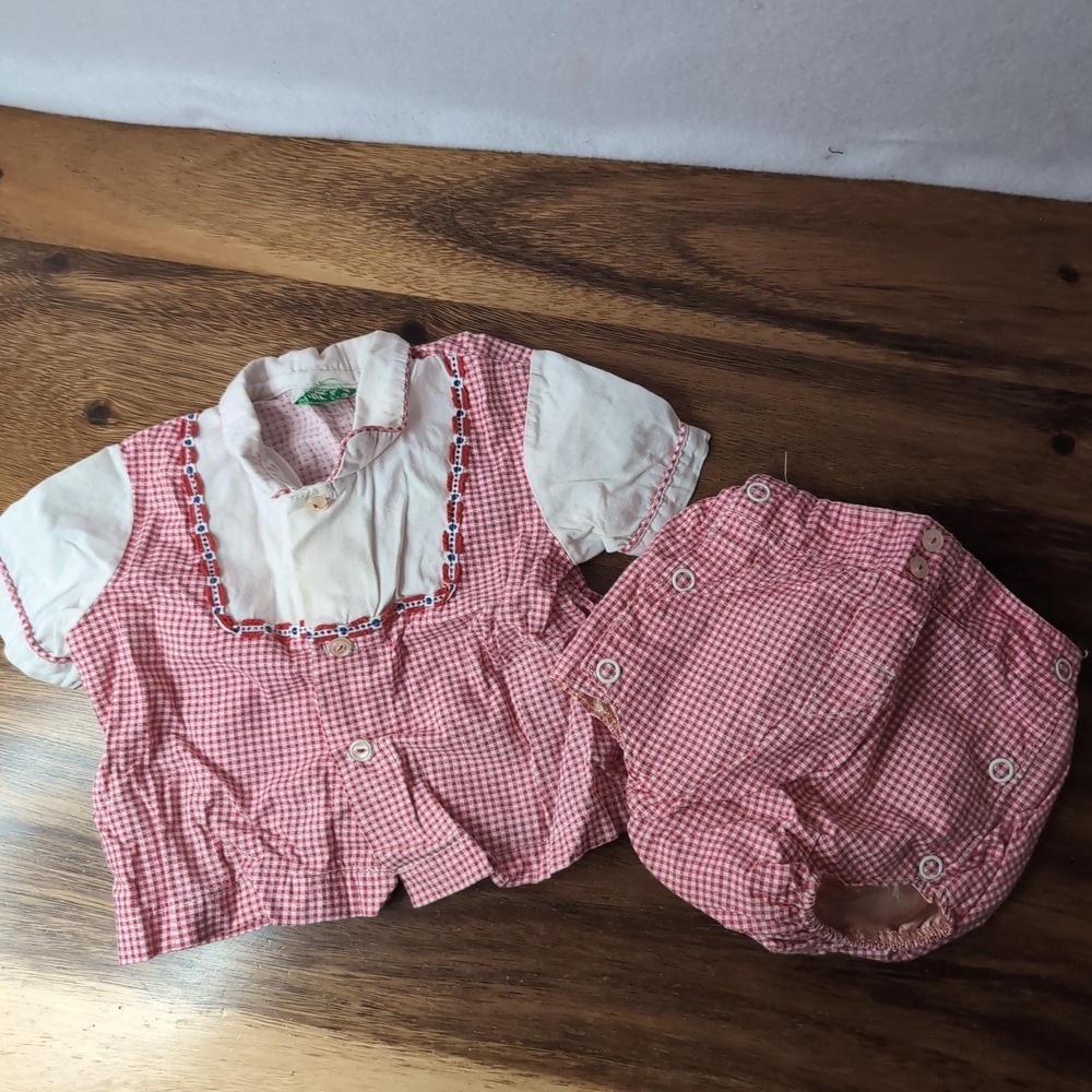 Vtg Duets by Little Craft Baby Gingham Red White Set Diaper Cover Top M 6-12 mos